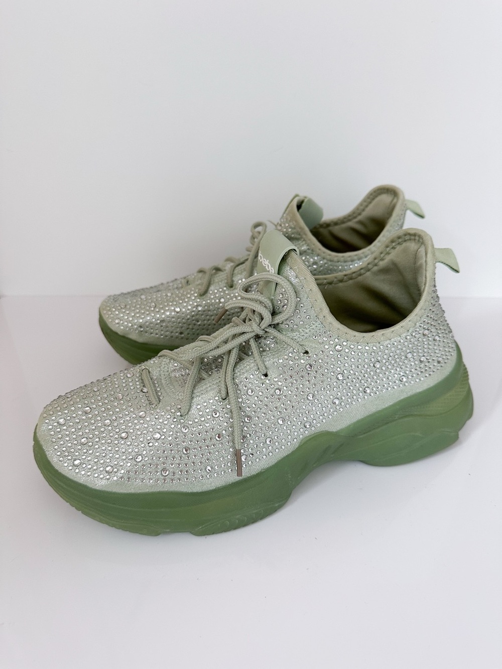 Bebe Leyla Rhinestone Platform Sneakers Women's 11 Mint Green Crystal Studded